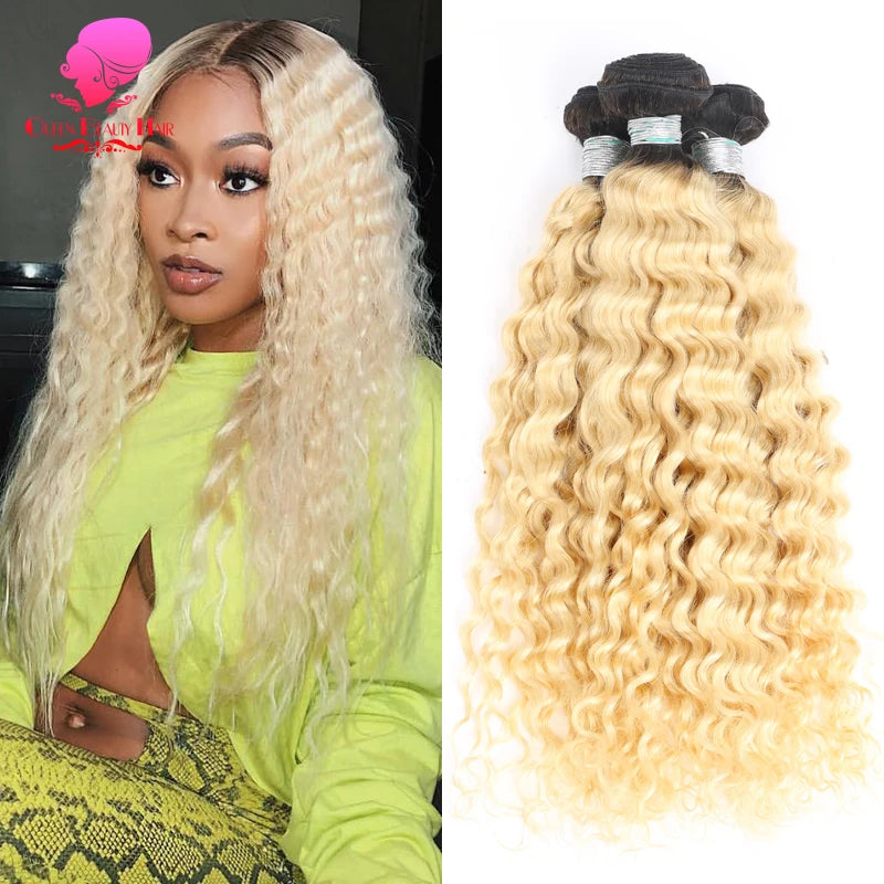 QUEEN 1/3/4 Bundle 1B 613 Ombre Blonde Platinum Color Two Tone Dark Roots Malaysian Deep Wave Bundle Remy Human Hair Extensions