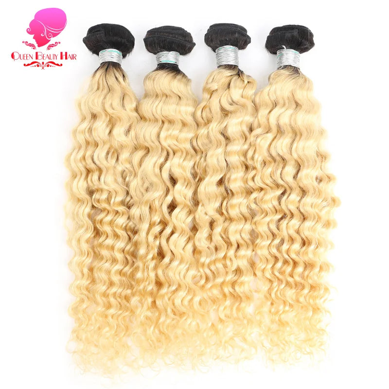 QUEEN 1/3/4 Bundle 1B 613 Ombre Blonde Platinum Color Two Tone Dark Roots Malaysian Deep Wave Bundle Remy Human Hair Extensions